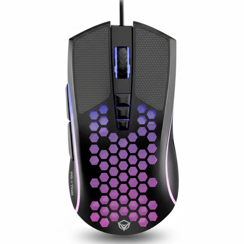 Gaming mouse with purple hexagonal pattern on a white background