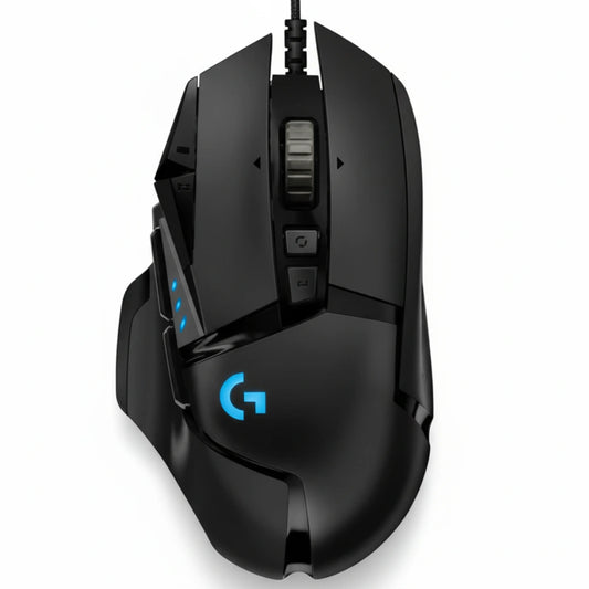 Black gaming mouse with a visible brand logo on a white background