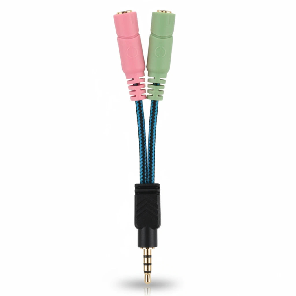 3.5mm audio cable with black, pink, and green connectors on a white background