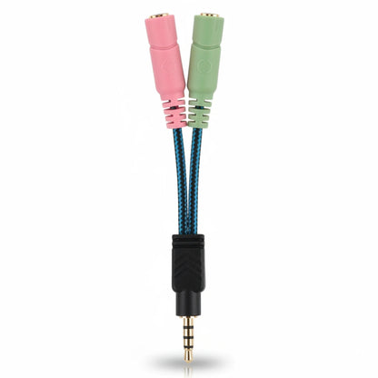 3.5mm audio cable with black, pink, and green connectors on a white background