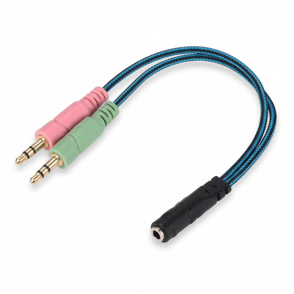 3.5mm audio cable with pink, green, and black connectors on a white background