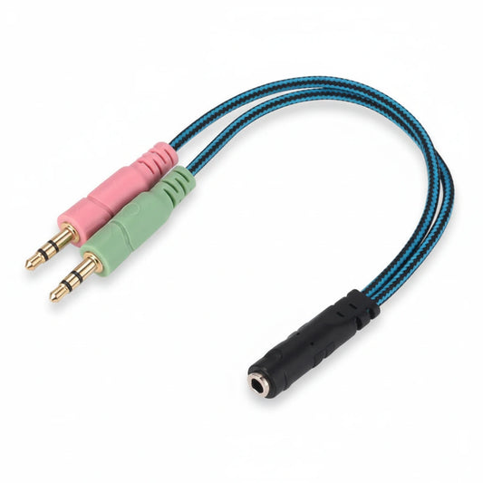 3.5mm audio cable with pink, green, and black connectors on a white background