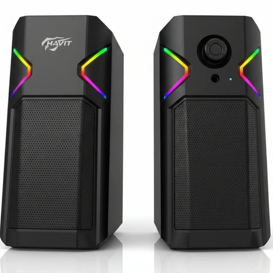 Black computer speakers with RGB lighting on a white background