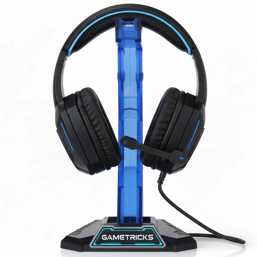 Black gaming headset on a blue stand with 'Gametricks' branding on a white background