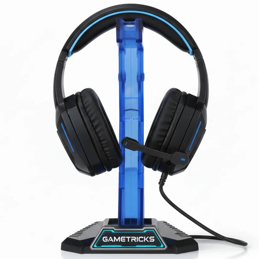 Black gaming headset on a blue stand with 'Gametricks' branding on a white background