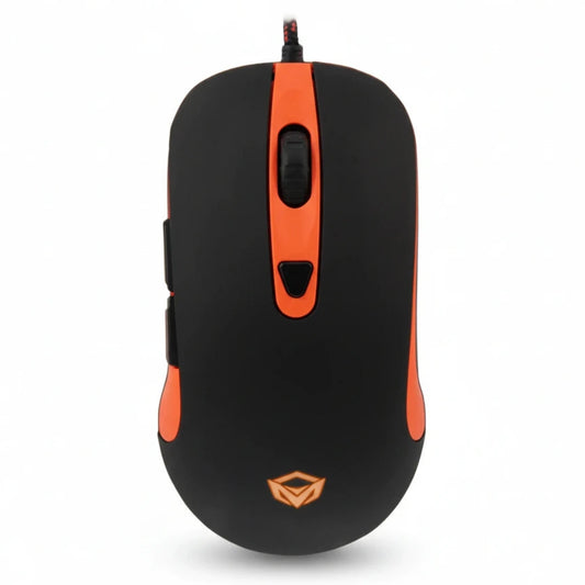 Black and orange gaming mouse on a white background