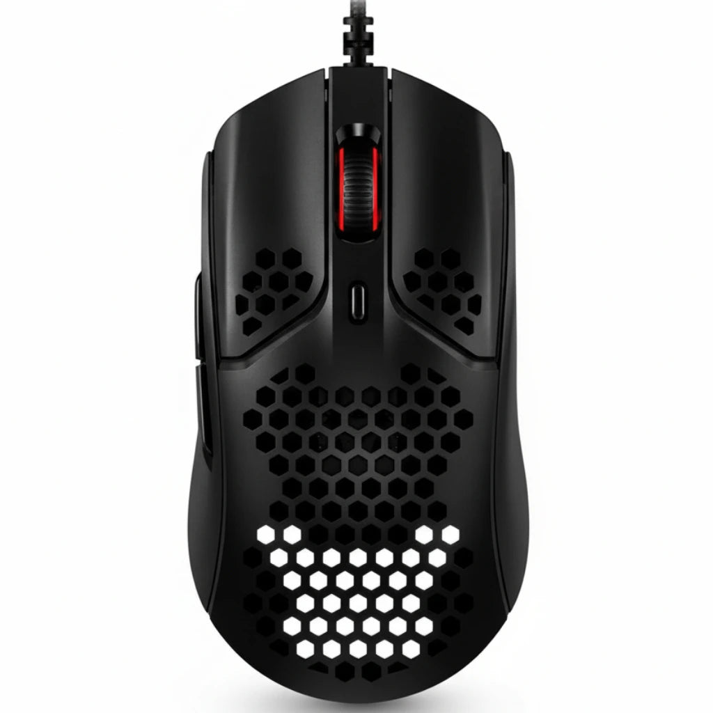 Black gaming mouse with honeycomb design on a white background