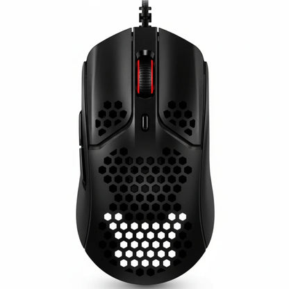 Black gaming mouse with honeycomb design on a white background