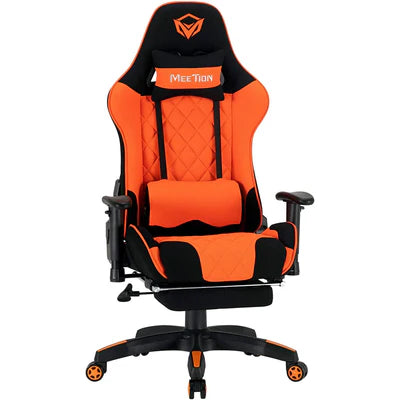 Orange and black gaming chair with 'Mec Tech' branding on a white background
