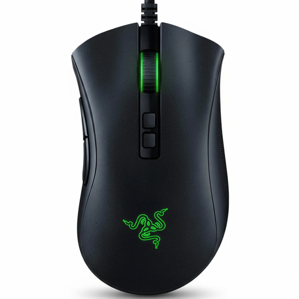 Black gaming mouse with green accents on a white background