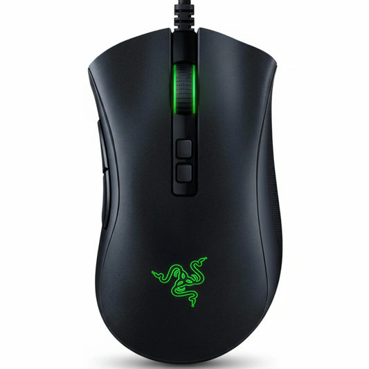 Black gaming mouse with green accents on a white background