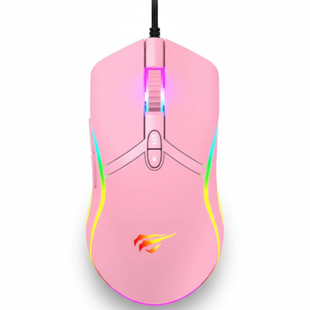 Pink gaming mouse with RGB lighting on a white background