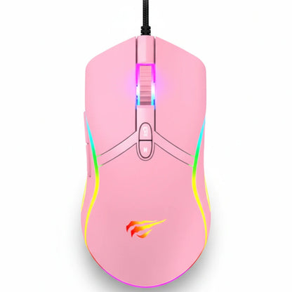 Pink gaming mouse with RGB lighting on a white background