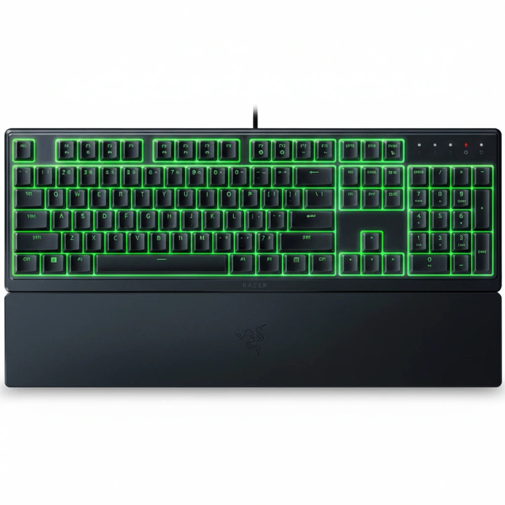 Razer mechanical keyboard with green backlighting on a white background
