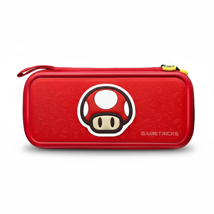 Red gaming console case with mushroom design on a white background