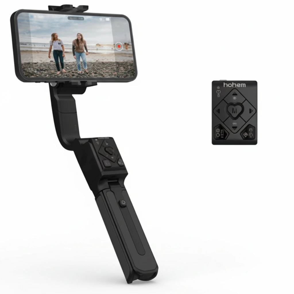 Handheld phone stabilizer with smartphone displaying a beach scene, next to a remote control on a white background.
