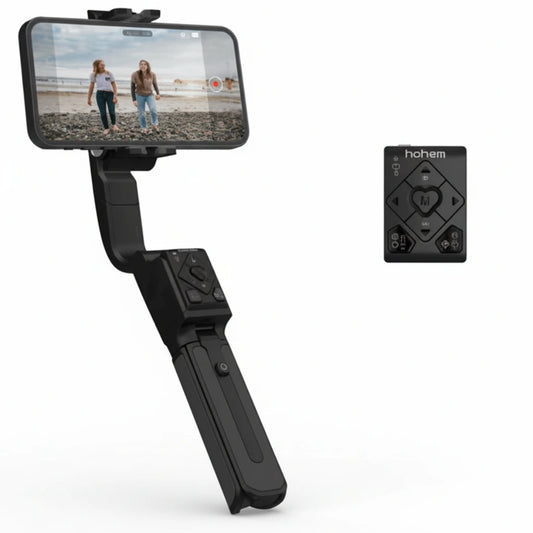 Handheld phone stabilizer with smartphone displaying a beach scene, next to a remote control on a white background.