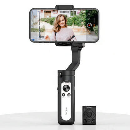 Smartphone with a gimbal stabilizer attached on a white background