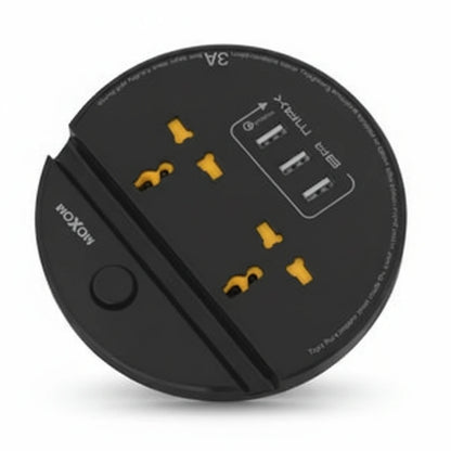 Round black multiple outlet and USB charger with multiple sockets and USB ports on a white background