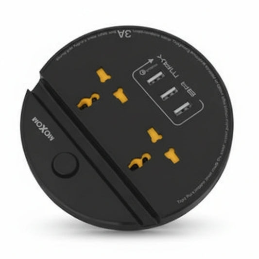 Round black multiple outlet and USB charger with multiple sockets and USB ports on a white background