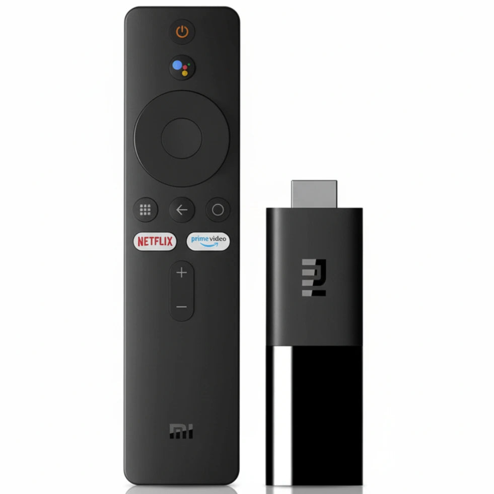 Black remote control and USB stick with 'Netflix' and 'Prime Video' logos on a white background