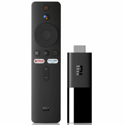 Black remote control and USB stick with 'Netflix' and 'Prime Video' logos on a white background