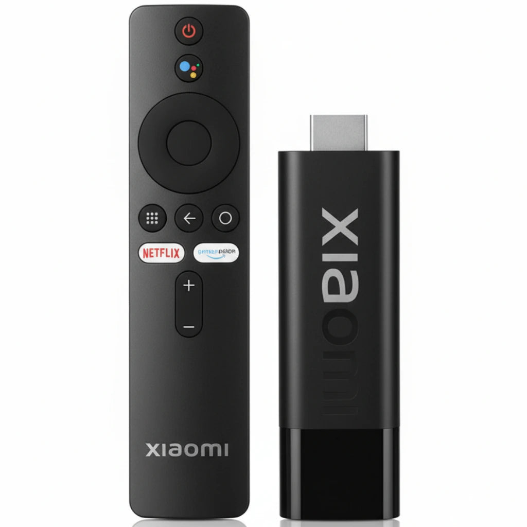 Xiaomi TV remote control and stick on a white background