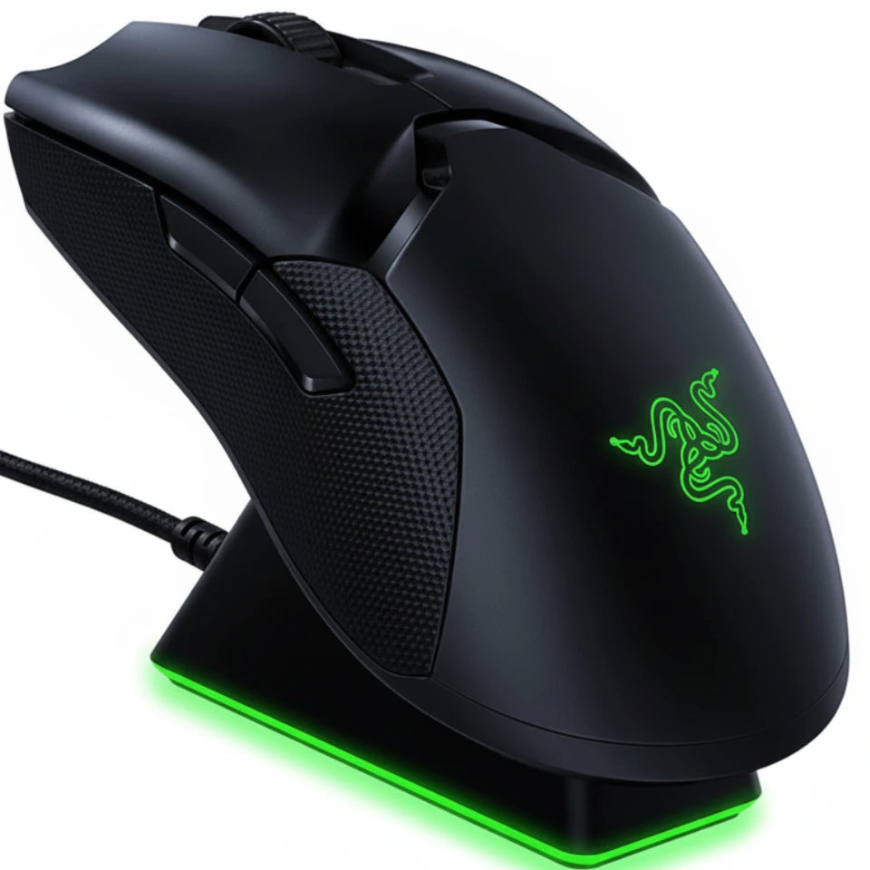 Black gaming mouse with green accents and Razer logo on a white background