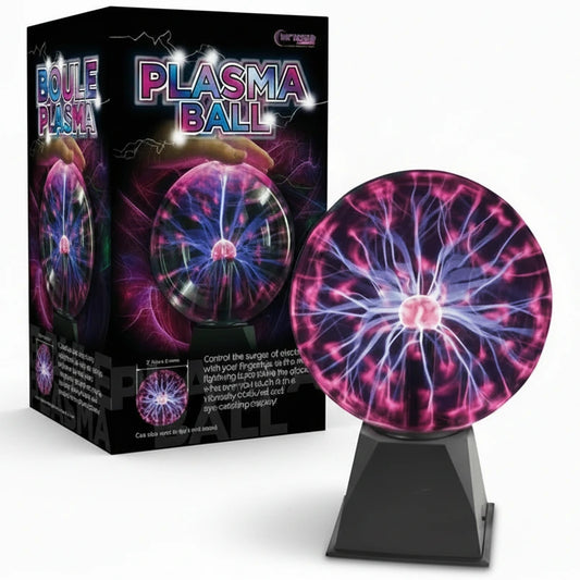 Plasma ball with packaging displaying the product on a white background
