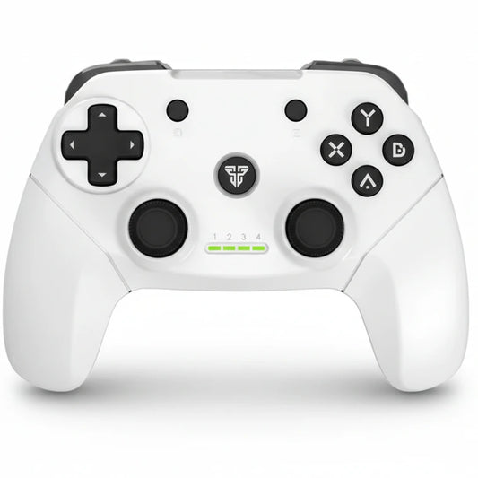 White gaming controller with black buttons on a white background