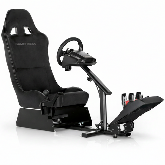 Black gaming chair with steering wheel and pedals on a white background