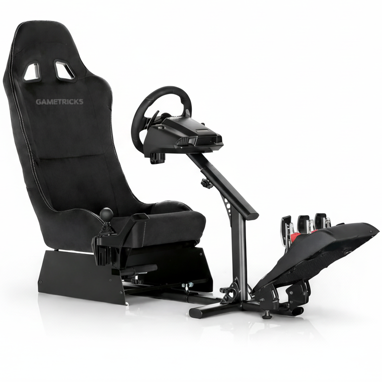 Black gaming chair with steering wheel and pedals on a white background