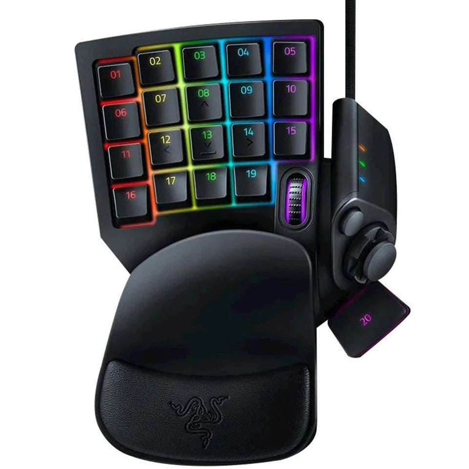 Razer mechanical gaming keypad with wrist rest and wireless receiver on a white background
