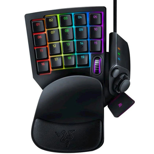 Razer mechanical gaming keypad with wrist rest and wireless receiver on a white background