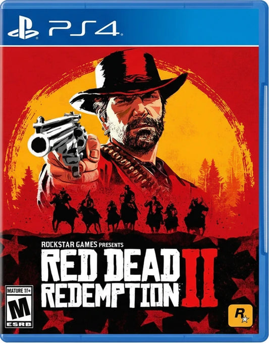 Game cover of 'Red Dead Redemption II' for PS4 with a cowboy holding a gun against a red and yellow background.