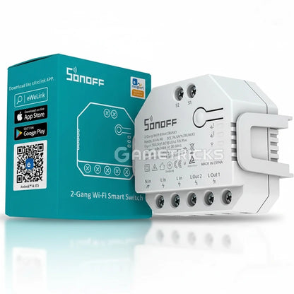 Sonoff 2-Gang Wi-Fi Smart Switch with packaging on a white background