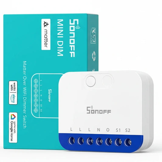 Sonoff Mini Dim smart switch with packaging on a white background