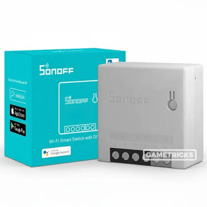 Sonoff Wi-Fi smart switch with packaging on a white background