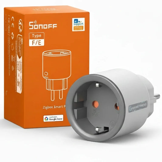 Sonoff Zigbee smart plug with packaging on a white background