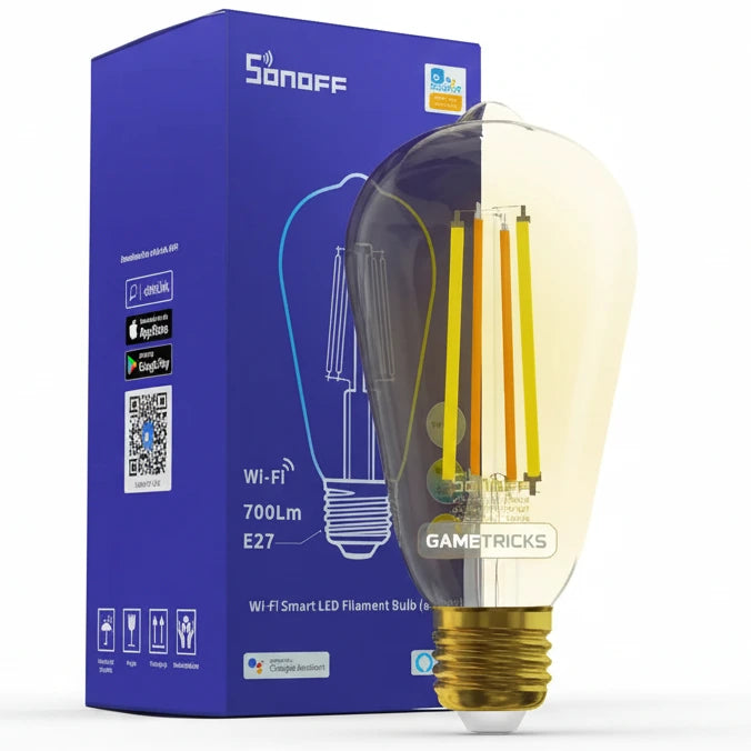Sonoff Wi-Fi Smart LED Filament Bulb packaging with bulb illustration on a white background