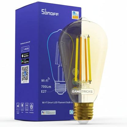 Sonoff Wi-Fi Smart LED Filament Bulb packaging with bulb illustration on a white background