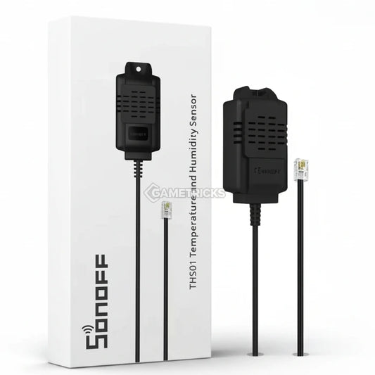 Sonoff temperature and humidity sensor with packaging on a white background