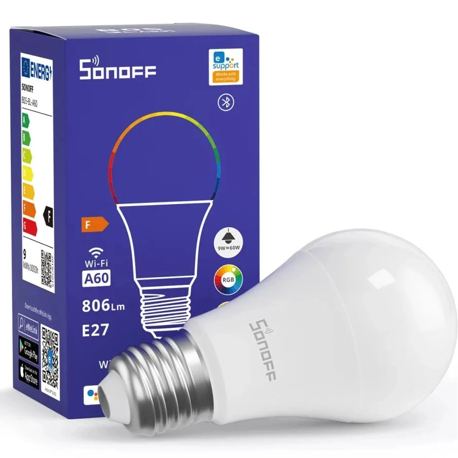 Sonoff smart light bulb and packaging on a white background