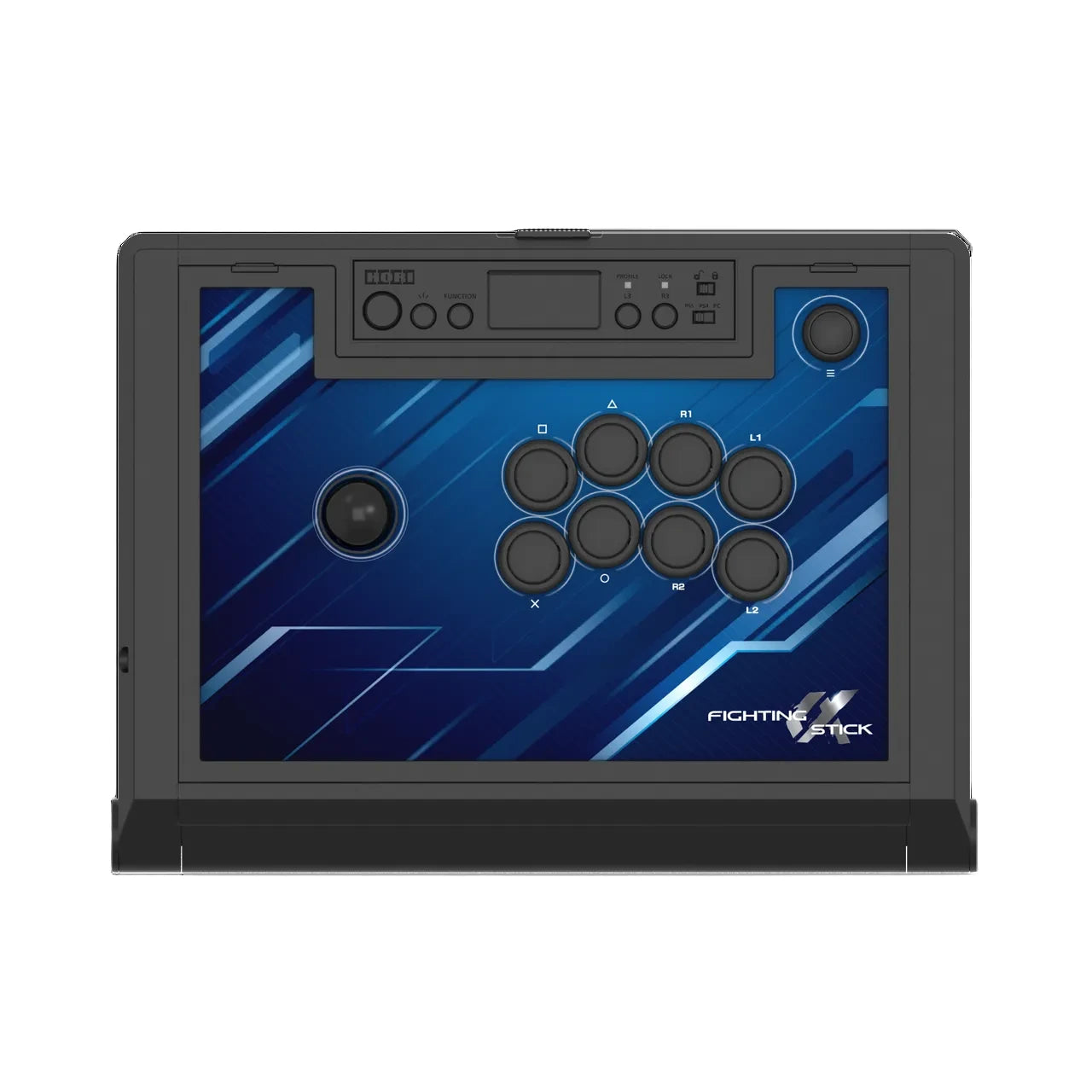 Gaming console with joystick and buttons on a blue background
