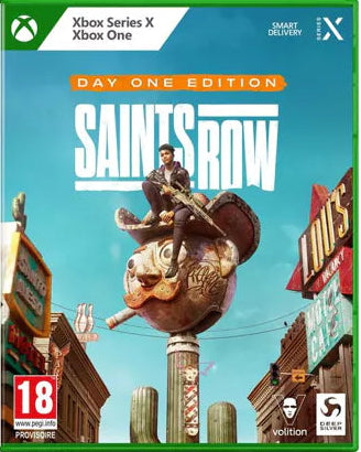 Saints Row game cover with character on a barrel, Xbox logos, and rating on a white background