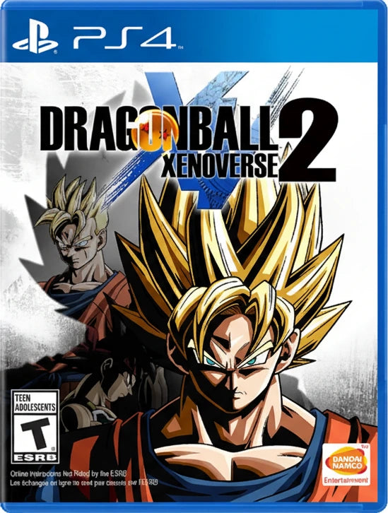 Dragon Ball Xenoverse 2 game cover for PS4 with character illustration and branding.