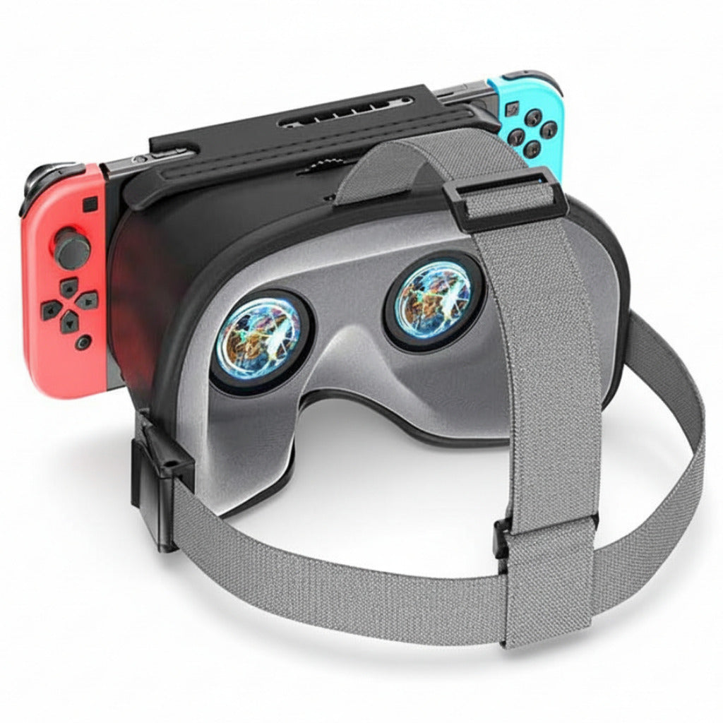 Virtual reality headset with controller attachments on a white background