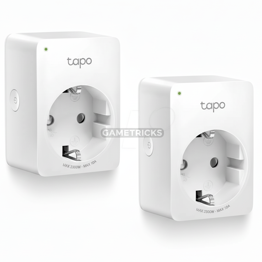 Two white TP-Link Tapo smart plugs on a black background