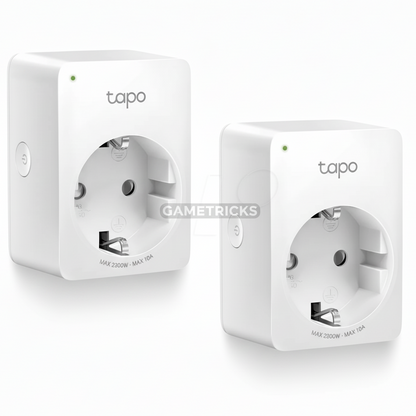 Two white TP-Link Tapo smart plugs on a black background