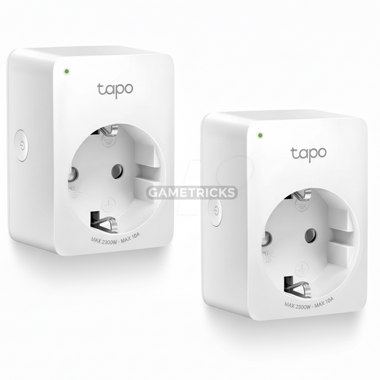 Two white TP-Link Tapo smart plugs on a black background